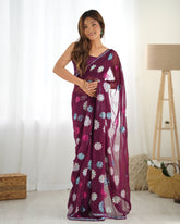 Wine Faux Georgette Sequins Embroidered Saree